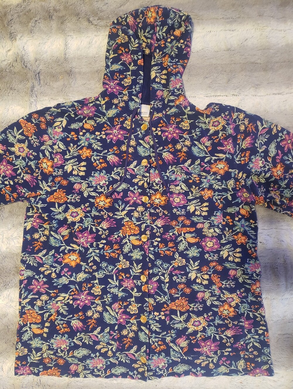 Elisabeth Liz Claiborne Navy Multicolor Floral Button Up Jacket Hoodie 1